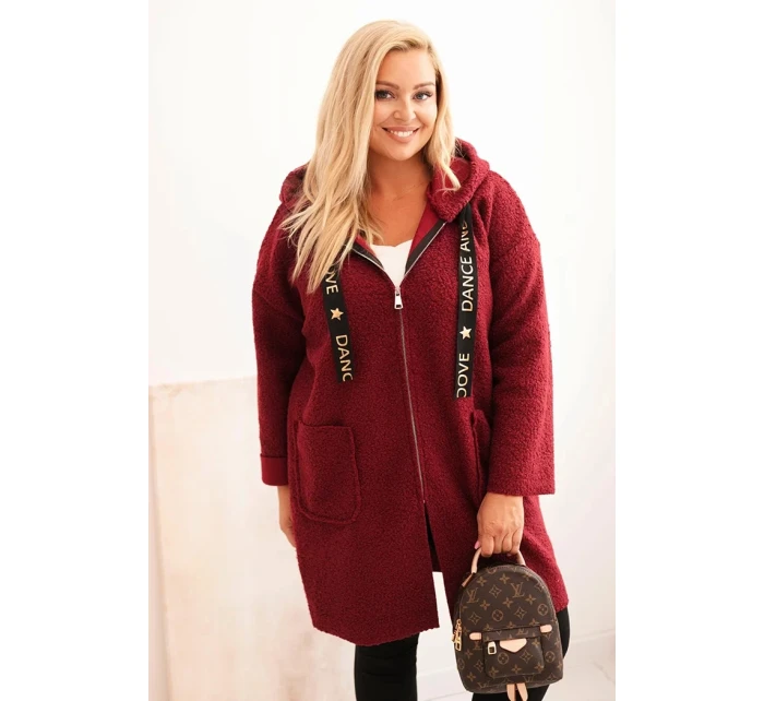 Dámský kabát Plus Size z umělého beránka s kapucí a kapsami bordový