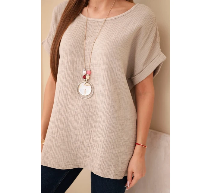 Hedvábná blůza s náhrdelníkem tmavě béžová