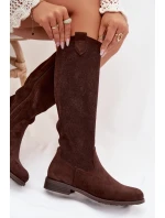 Dámské kozačky s krajkovým vzorem na nízkém podpatku S.Barski HY61-8022 Čokoládové