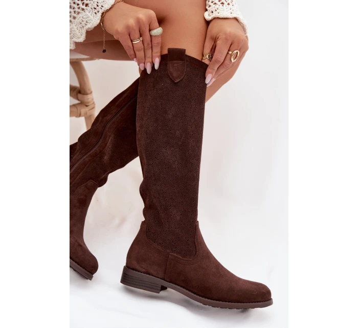 Dámské kozačky s krajkovým vzorem na nízkém podpatku S.Barski HY61-8022 Čokoládové