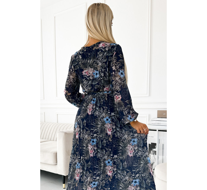 Dlouhé dámské plisované šifonové šaty s výstřihem, dlouhými rukávy, páskem a s tmavě modrým vzorem 511-3