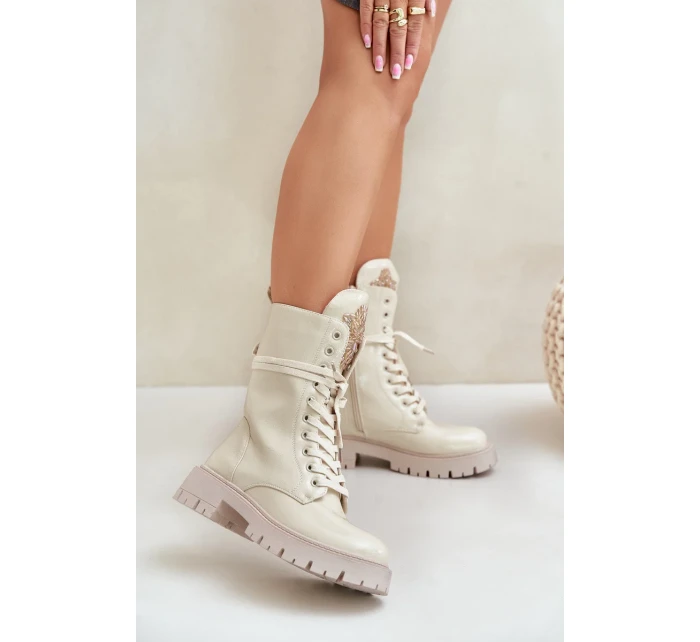 Lakované Zateplené Kotníkové Boty Workery s Ozdobou Béžové Kelilea Lakované Zateplené Kotníkové Boty Workery s Ozdobou Béžové Kelilea