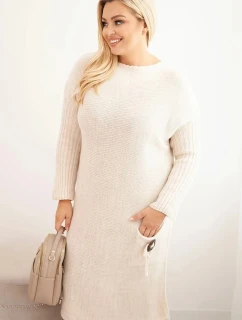 Dámská pletená svetrková šaty Plus Size s mohairovým oversized s kapsou béžová