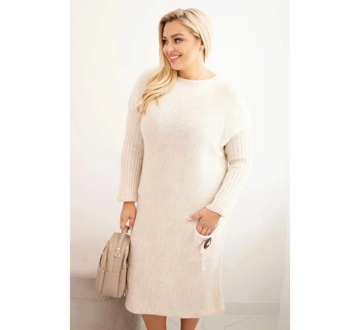 Dámská pletená svetrková šaty Plus Size s mohairovým oversized s kapsou béžová