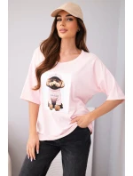 Dámské bavlněné oversize tričko s krátkým rukávem a potiskem bonbónově růžová