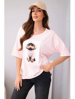 Dámské bavlněné oversize tričko s krátkým rukávem a potiskem bonbónově růžová
