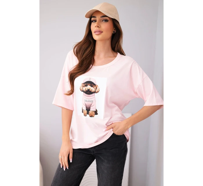 Dámské bavlněné oversize tričko s krátkým rukávem a potiskem bonbónově růžová