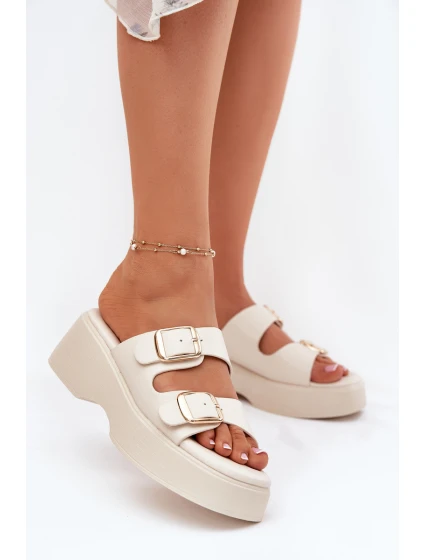 Dámské pantofle na platformě a klínu s přezkami světle béžové Nitarelia Dámské pantofle na platformě a klínu s přezkami světle béžové Nitarelia