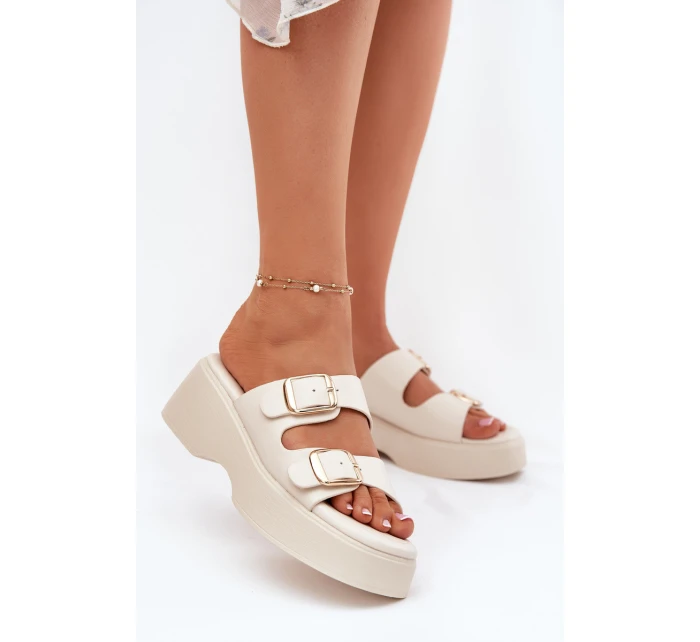 Dámské pantofle na platformě a klínu s přezkami světle béžové Nitarelia Dámské pantofle na platformě a klínu s přezkami světle béžové Nitarelia