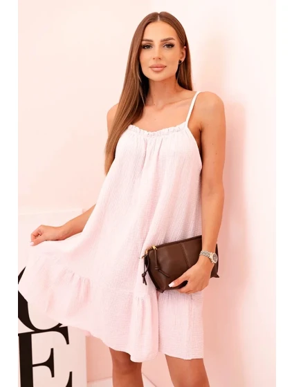 Dámské mušelínové šaty s ramínky a volánem pudrově růžová
