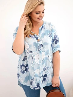 Dámská bavlněná halenka Plus Size s květinovým vzorem modrá