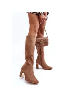 Dámské semišové kozačky na vysokém podpatku model 21099121 béžové - SEASTAR