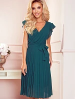POLINA - Plisované dámské šaty v lahvově zelené barvě s výstřihem a volánky 374-1