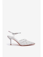 Dámské síťované sandály na jehlovém podpatku se zdobením Stříbrné model 22103201 - Boto Dámské síťované sandály na jehlovém podpatku se zdobením Stříbrné model 22103201 - Boto