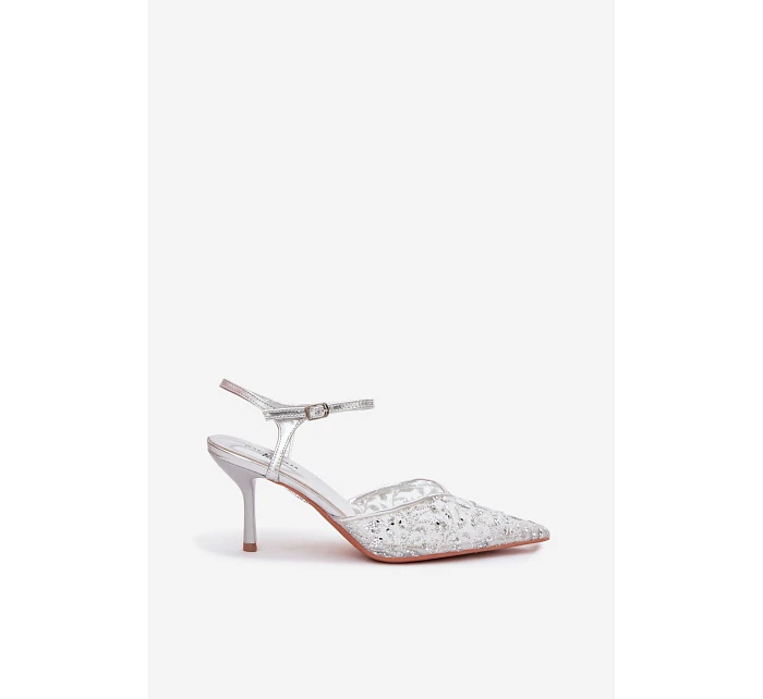 Dámské síťované sandály na jehlovém podpatku se zdobením Stříbrné model 22103201 - Boto Dámské síťované sandály na jehlovém podpatku se zdobením Stříbrné model 22103201 - Boto
