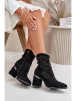 Zdobené Ažurové Kotníkové Boty Dámské Na Podpatku Z Eko Semiše Černé S.Barski Zdobené Ažurové Kotníkové Boty Dámské Na Podpatku Z Eko Semiše Černé S.Barski