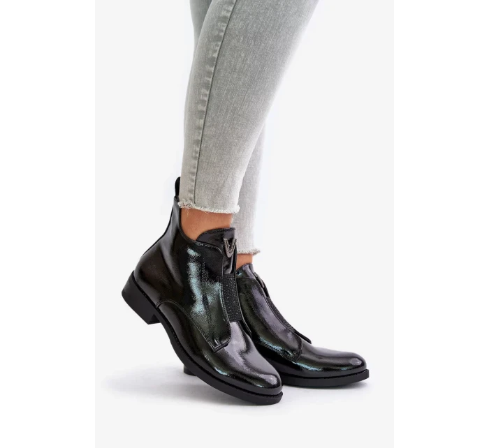 Lakované Nízké Dámské Kotníkové Boty Na Plochém Podpatku Zateplené Černé S.Barski Černé Lakované Nízké Dámské Kotníkové Boty Na Plochém Podpatku Zateplené Černé S.Barski Černé