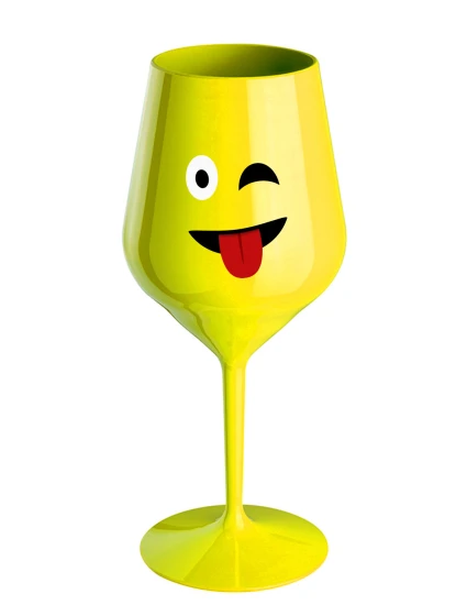 SMAJLÍK VYPLAZUJÍCÍ JAZYK - žlutá nerozbitná sklenice na víno 470 ml