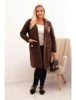 Dámský elegantní kabát Plus Size s límcem a velkými kapsami hnědý Dámský elegantní kabát Plus Size s límcem a velkými kapsami hnědý