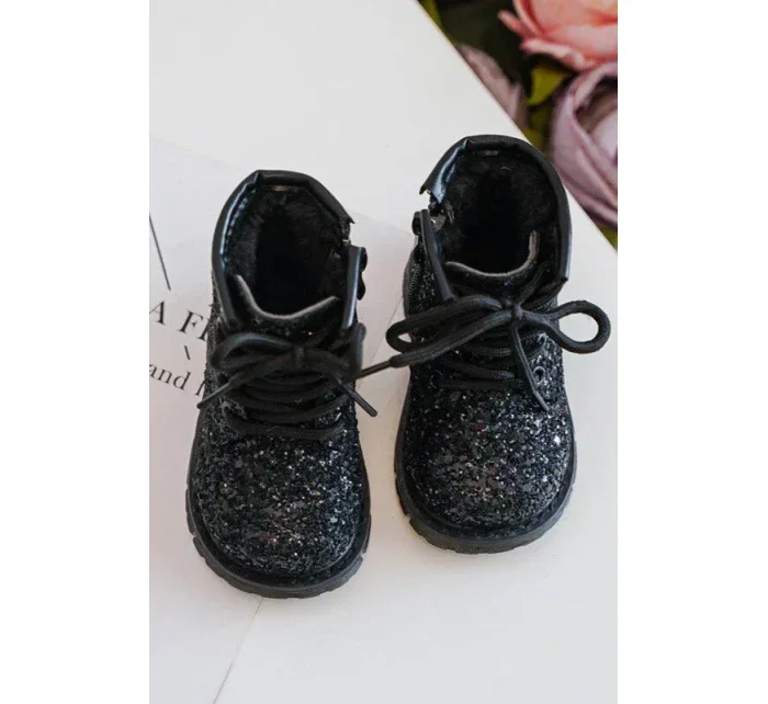 Dětské třpytivé zateplené kotníkové boty na zip, černá Saussa