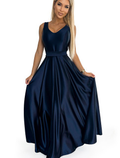 Dlouhé saténové šaty s výstřihem a mašlí Numoco CINDY - tmavě modré
