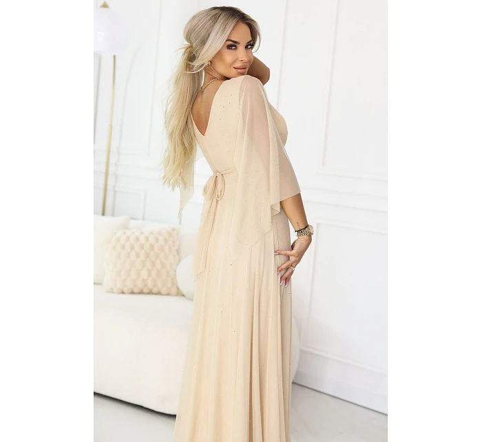 Dlouhé lehké třpytivé šaty 655-4 béžové - Numoco Dlouhé lehké třpytivé šaty 655-4 béžové - Numoco