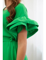 Šaty zavazovací v pase s ozdobnými rukávy zelený