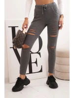 Dámské bavlněné kalhoty s oděvy a gumou v pase grafitové Dámské bavlněné kalhoty s oděvy a gumou v pase grafitové