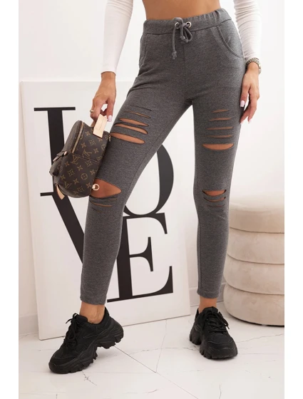 Dámské bavlněné kalhoty s oděvy a gumou v pase grafitové Dámské bavlněné kalhoty s oděvy a gumou v pase grafitové