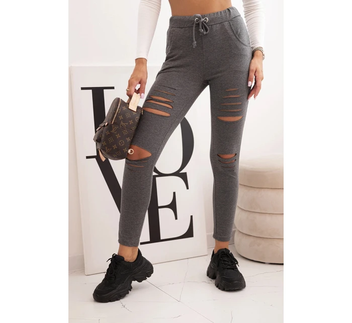 Dámské bavlněné kalhoty s oděvy a gumou v pase grafitové Dámské bavlněné kalhoty s oděvy a gumou v pase grafitové