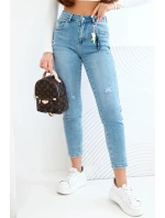 Dámské džíny mom fit s vysokým pasem a jemným obnošením modré
