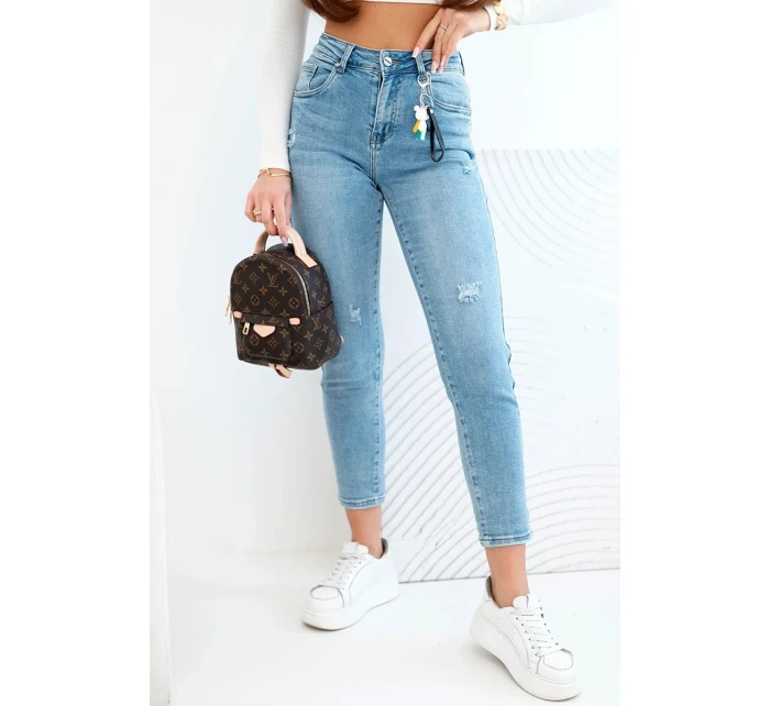 Dámské džíny mom fit s vysokým pasem a jemným obnošením modré