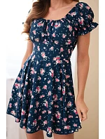 Dámské šaty s květinovým vzorem s nabíraným rukávem a elastickým pasem tmavě modré Dámské šaty s květinovým vzorem s nabíraným rukávem a elastickým pasem tmavě modré