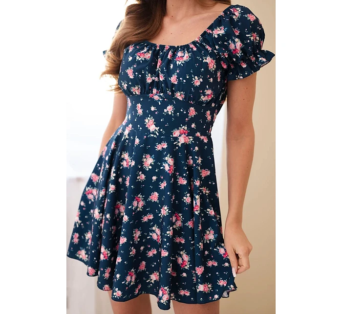 Dámské šaty s květinovým vzorem s nabíraným rukávem a elastickým pasem tmavě modré Dámské šaty s květinovým vzorem s nabíraným rukávem a elastickým pasem tmavě modré