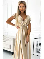 411-7 CRYSTAL saténové dlouhé šaty s výstřihem - ZLATÉ 411-7 CRYSTAL saténové dlouhé šaty s výstřihem - ZLATÉ