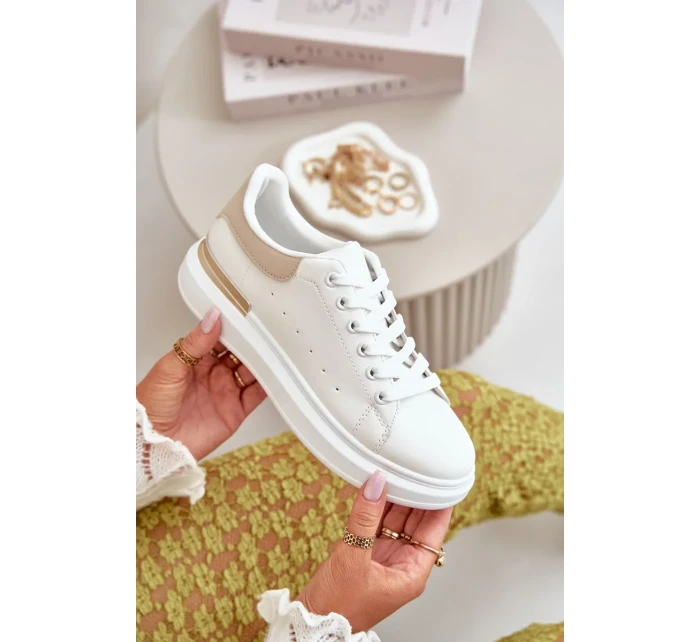 Nízké Dámské Tenisky Na Platformě Z Eko Kůže Bílo-Béžové Nevelena Nízké Dámské Tenisky Na Platformě Z Eko Kůže Bílo-Béžové Nevelena