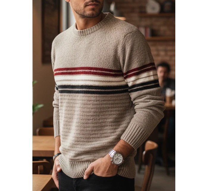 Pánský pruhovaný svetr světle hnědý FashionStreet WX2282 Pánský pruhovaný svetr světle hnědý FashionStreet WX2282