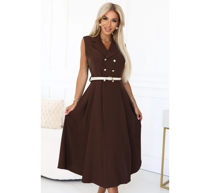 model 21232660 Elegantní midi košilka se zlatými knoflíky a páskem CHOCOLATE - numoco basic