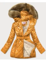 Žlutá lesklá zimní bunda s mechovitou kožešinou podšívkou (w756)