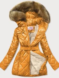 Žlutá lesklá zimní bunda s mechovitou kožešinou podšívkou (w756)