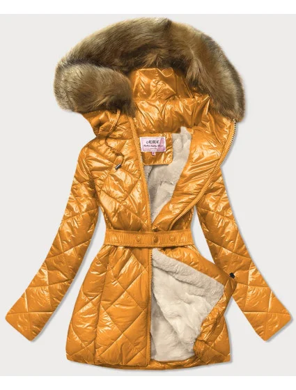 Žlutá lesklá zimní bunda s mechovitou kožešinou podšívkou (w756)