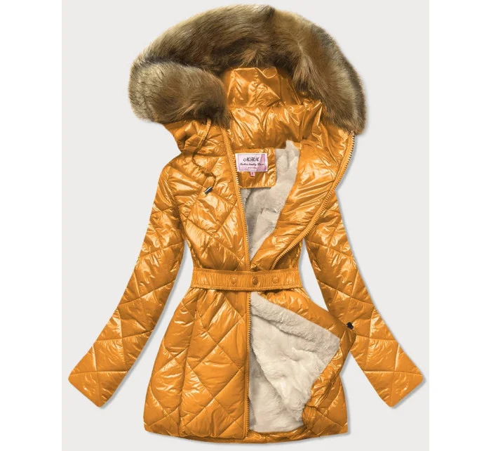 Žlutá lesklá zimní bunda s mechovitou kožešinou podšívkou (w756)