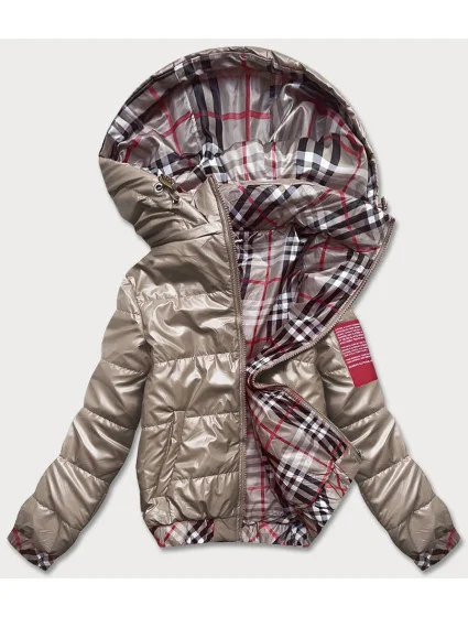 Krátká béžová dámská bunda s ozdobným lemováním (B8030-12)