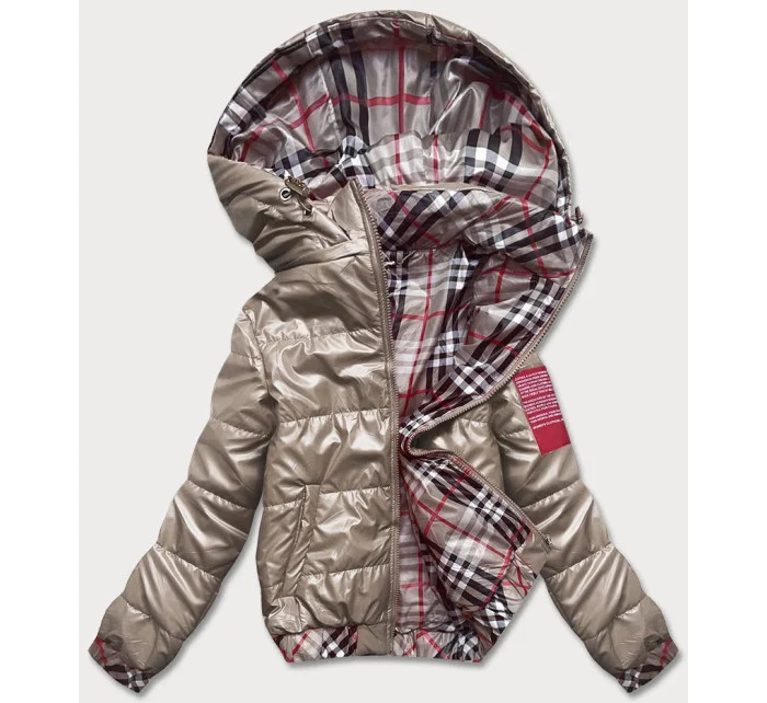 Krátká béžová dámská bunda s ozdobným lemováním (B8030-12)