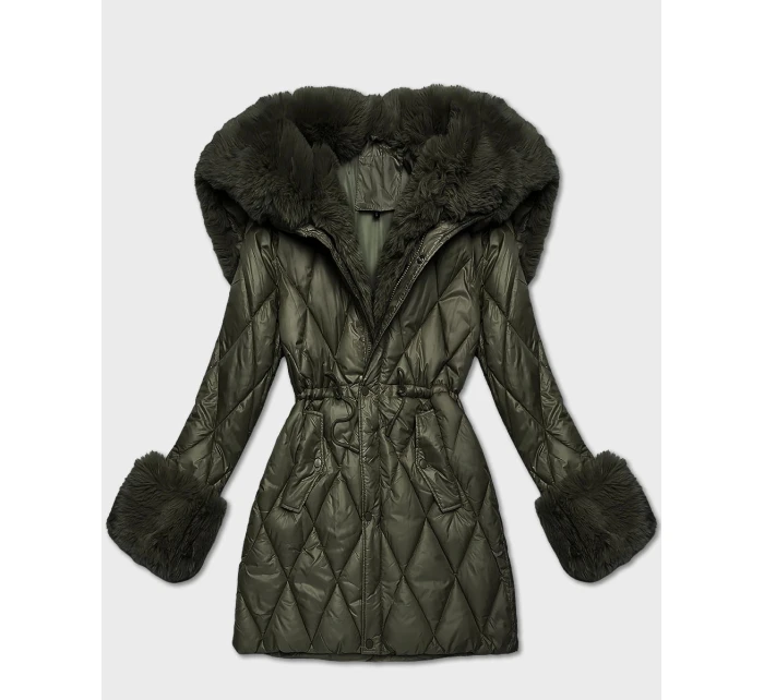 Bunda v khaki barvě s kožešinovou kapucí, která tvoří límec (T3-2635#-22)