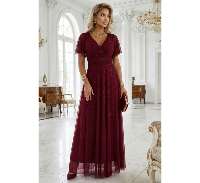 Dlouhé lesklé šaty 635-5 MELANIA vínové - Numoco Dlouhé lesklé šaty 635-5 MELANIA vínové - Numoco