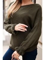 Svetr dámský z model 21365950 s nařasenými rukávy a výřezem na zádech khaki - K-Fashion