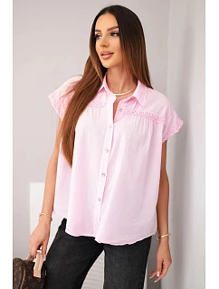 Dámská bavlněná košilová halenka s krajkou a krátkým rukávem bonbónově růžová