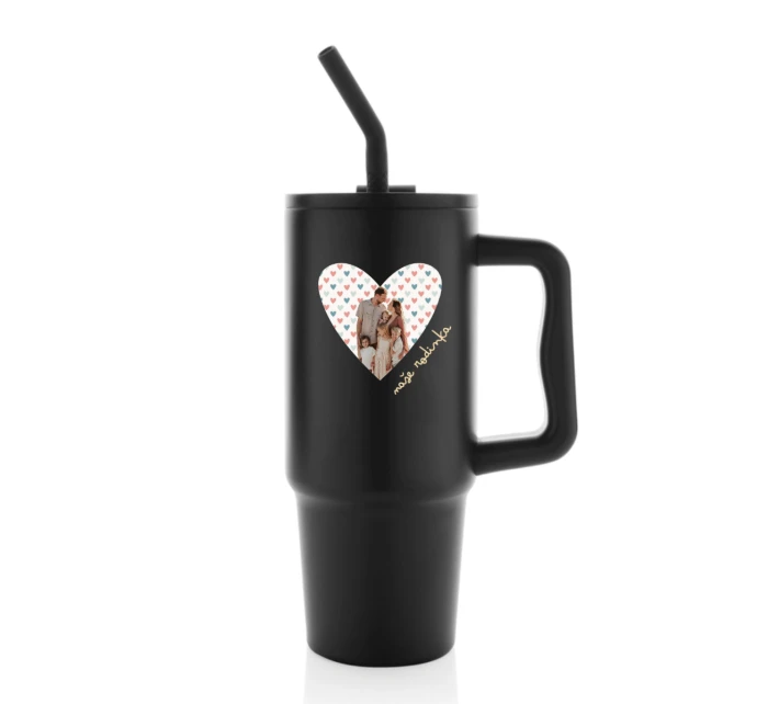 Personalizovaná termoska s barevným víčkem s výřezem fotky na podkladu