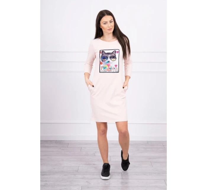 3D kočičí grafické šaty pudrově růžové